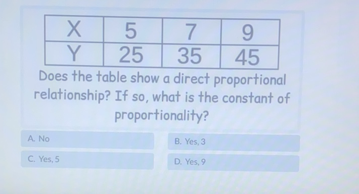 \begin{tabular}{|c|c|c|c|}
\hline \( \mathrm{X} \) & 5 & 7 & 9 \\
\hline \( \mathrm{Y} \) & 25 & 35 & 45 \\
\hline
\end{tabular}
Does the table show a direct proportional relationship? If so, what is the constant of proportionality?
\begin{tabular}{ll|}
\hline A. No & B. Yes, 3 \\
\hline C. Yes, 5 & D. Yes, 9 \\
\hline
\end{tabular}