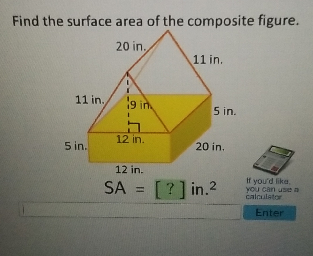 Find the surface area of the composite figure.
Enter