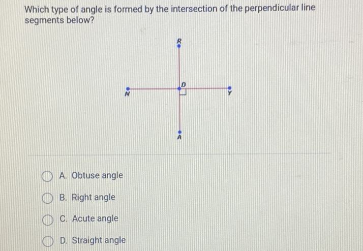 Which type of angle is formed by the intersection of the perpendicular line segments below?
A. Obtuse angle
B. Right angle
C. Acute angle
D. Straight angle