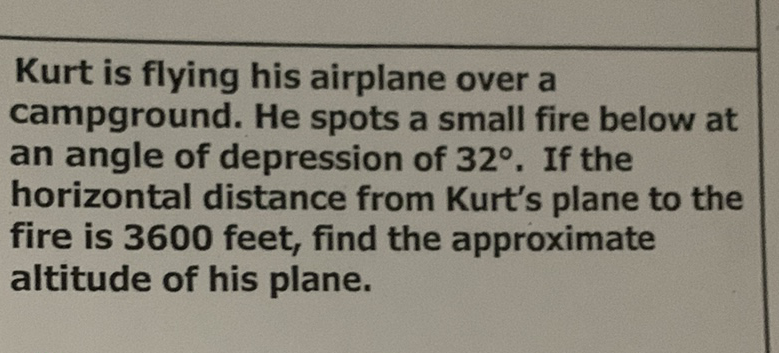 Kurt is flying his airplane over a campground. He spots a small fire below at an angle of depression of \( 32^{\circ} \). If the horizontal distance from Kurt's plane to the fire is 3600 feet, find the approximate altitude of his plane.