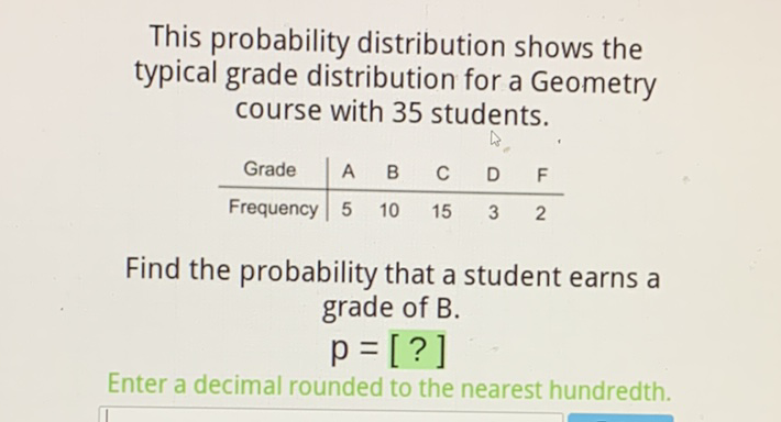 This probability distribution shows the typical grade distribution for a Geometry course with 35 students.
\begin{tabular}{c|ccccc} 
Grade & A & B & C & D & F \\
\hline Frequency & 5 & 10 & 15 & 3 & 2
\end{tabular}
Find the probability that a student earns a grade of \( B \).
\[
p=[?]
\]
Enter a decimal rounded to the nearest hundredth.