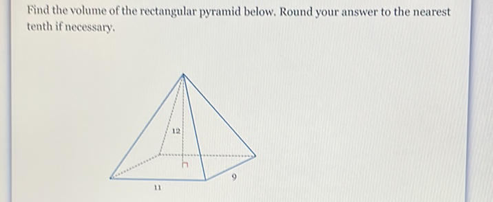 Find the volume of the rectangular pyramid below. Round your answer to the nearest tenth if necessary.