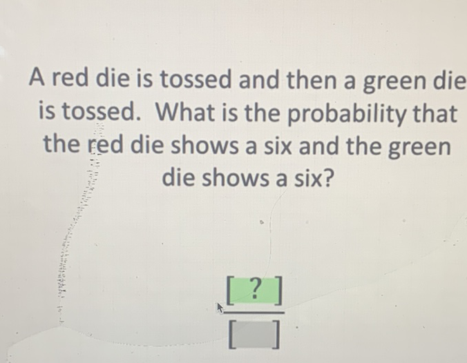 A red die is tossed and then a green die is tossed. What is the probability that the red die shows a six and the green die shows a six?
\[
\frac{[?]}{[]}
\]