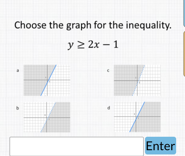 Choose the graph for the inequality.
\[
y \geq 2 x-1
\]
Enter