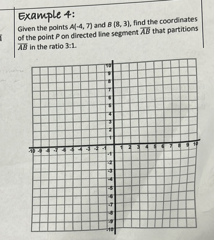 Example 4:
Given the points \( A(-4,7) \) and \( B(8,3) \), find the coordinates of the point \( P \) on directed line segment \( \overline{A B} \) that partitions \( \overline{A B} \) in the ratio \( 3: 1 \).