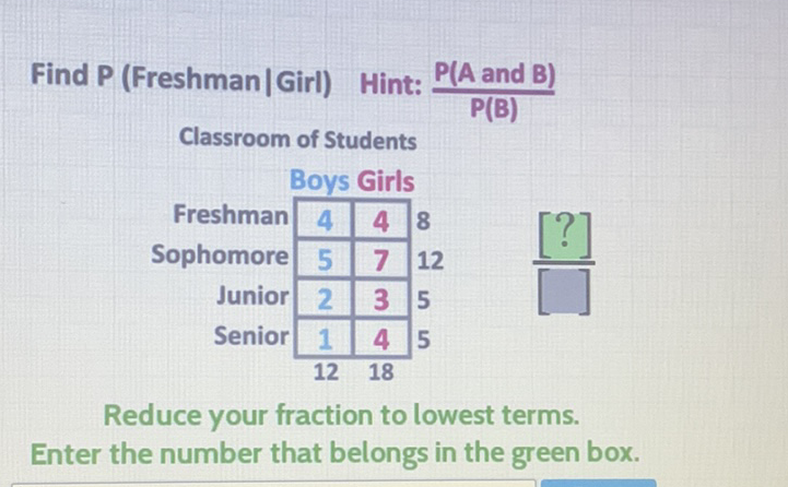 Find \( P \) (Freshman|Girl) Hint: \( \frac{P(A \text { and } B)}{P(B)} \) Classroom of Students

Reduce your fraction to lowest terms.
Enter the number that belongs in the green box.