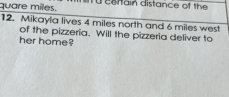 quare miles.
12. Mikayla lives 4 miles north and 6 miles west of the pizzeria. Will the pizzeria deliver to her home?