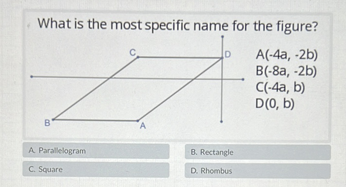 What is the most specific name for the figure?
A. Parallelogram
B. Rectangle
C. Square
D. Rhombus