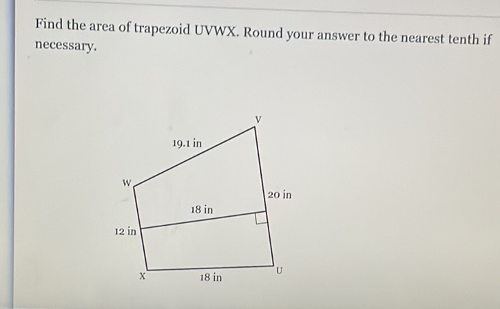 Find the area of trapezoid UVWX. Round your answer to the nearest tenth if necessary.