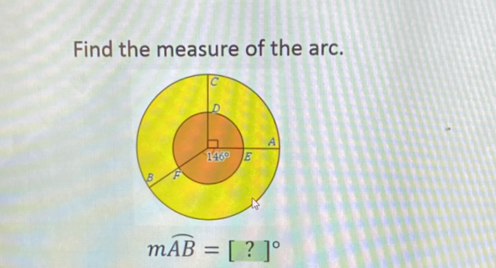 Find the measure of the arc.
\[
m \overparen{A B}=[?]^{\circ}
\]