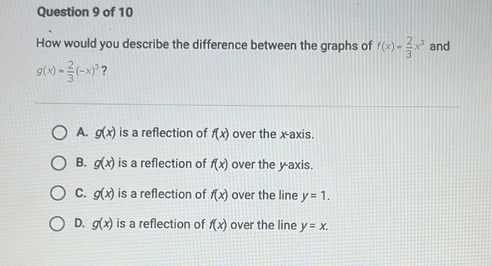 Question 9 of 10
How would you describe the difference between the graphs of \( f(x)=\frac{2}{3} x^{3} \) and \( g(x)=\frac{2}{3}(-x)^{3} ? \)
A. \( g(x) \) is a reflection of \( f(x) \) over the \( x \)-axis.
B. \( g(x) \) is a reflection of \( f(x) \) over the \( y \)-axis.
C. \( g(x) \) is a reflection of \( f(x) \) over the line \( y=1 \).
D. \( g(x) \) is a reflection of \( f(x) \) over the line \( y=x \).