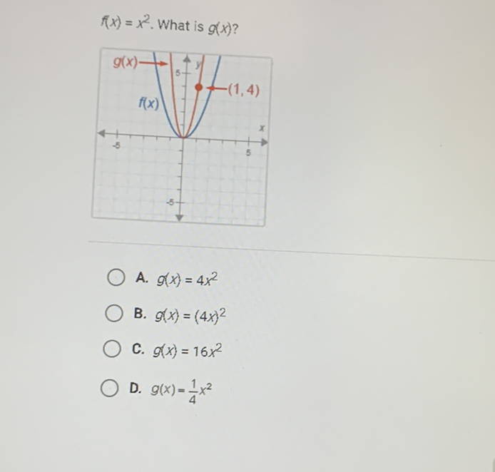 \( f(x)=x^{2} . \) What is \( g(x) ? \)
A. \( g(x)=4 x^{2} \)
B. \( g(x)=(4 x)^{2} \)
C. \( g(x)=16 x^{2} \)
D. \( g(x)=\frac{1}{4} x^{2} \)