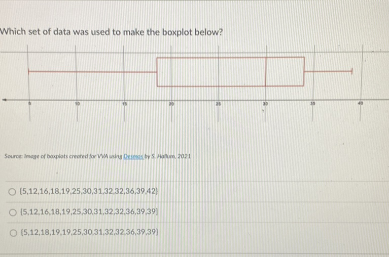 Which set of data was used to make the boxplot below?
Source: Image of boxplots created for VA using Desmos by S. Hallum. 2021
\( \{5,12,16,18,19,25,30,31,32,32,36,39,42\} \)
\( \{5,12,16,18,19,25,30,31,32,32,36,39,39] \)
\( [5,12,18,19,19,25,30,31,32,32,36,39,39] \)