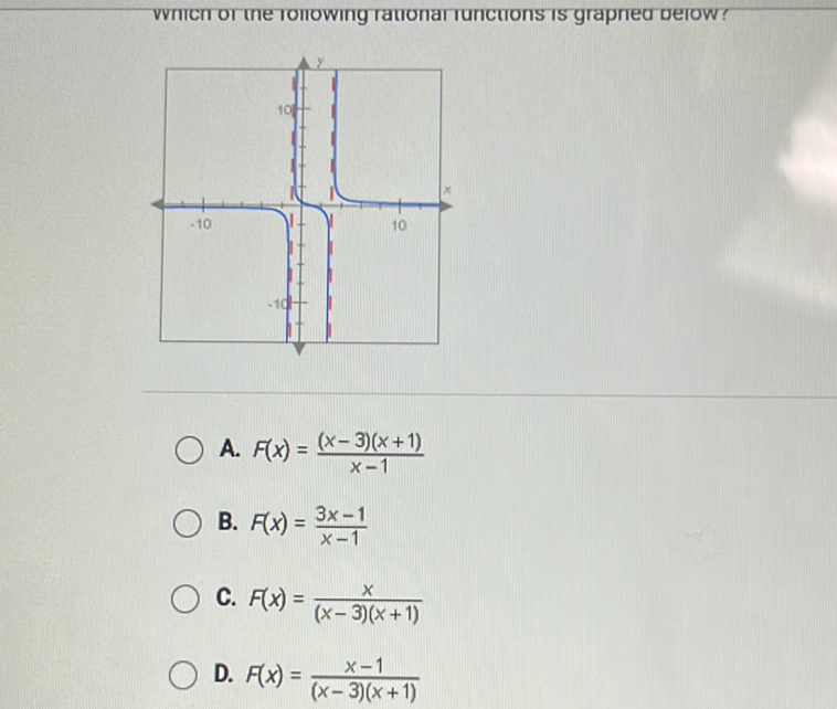 A. \( F(x)=\frac{(x-3)(x+1)}{x-1} \)
B. \( F(x)=\frac{3 x-1}{x-1} \)
C. \( F(x)=\frac{x}{(x-3)(x+1)} \)
D. \( F(x)=\frac{x-1}{(x-3)(x+1)} \)