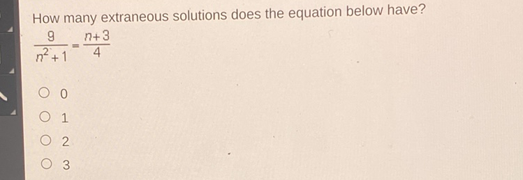 How many extraneous solutions does the equation below have?
\[
\frac{9}{n^{2}+1}=\frac{n+3}{4}
\]
0
1
2
3