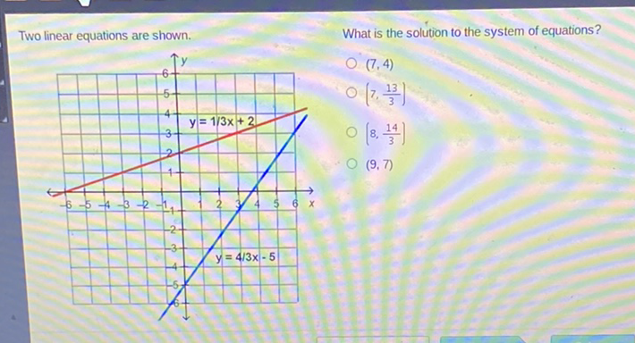 Two linear equations are shown.
What is the solution to the system of equations?