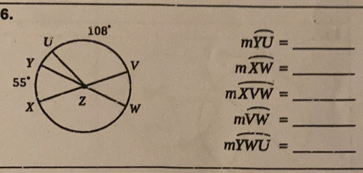 \( 6 . \) \( m \widetilde{Y U}= \) \( m \overline{X W}= \) \( m \overline{X V W}= \) \( m \widetilde{V W}= \) \( m \overline{Y W} \bar{U}= \)