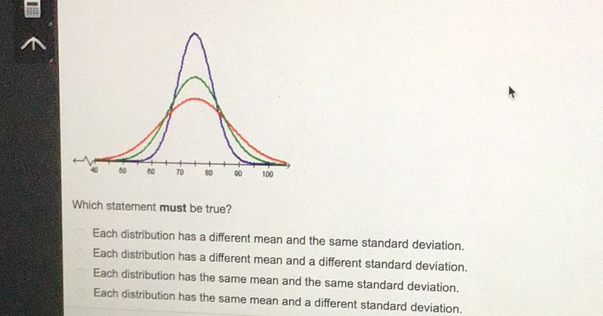 Which statement must be true?
Each distribution has a different mean and the same standard deviation.
Each distribution has a different mean and a different standard deviation.
Each distribution has the same mean and the same standard deviation.
Each distribution has the same mean and a different standard deviation.