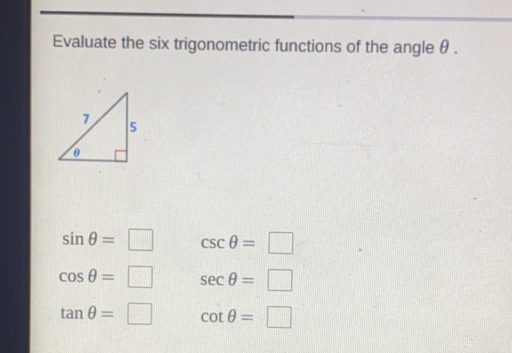 Evaluate the six trigonometric functions of the angle \( \theta \).
\[
\begin{array}{ll}
\sin \theta=\square & \csc \theta=\square \\
\cos \theta=\square & \sec \theta=\square \\
\tan \theta=\square & \cot \theta=\square
\end{array}
\]