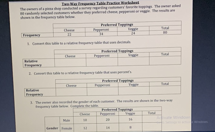 Two-Way Frequency Table Practice Worksheet
The owners of a pizza shop conducted a survey regarding customers' favorite toppings. The owner asked 80 randomly selected customers whether they preferred cheese, pepperoni or veggie. The results are shown in the frequency table below.
1. Convert this table to a relative frequency table that uses decimals.
\begin{tabular}{|l|c|c|c|c|}
\hline \multicolumn{1}{c|}{} & \multicolumn{4}{c|}{ Preferred Toppings } \\
\cline { 2 - 5 } & Cheese & Pepperoni & Veggie & Total \\
\hline Relative Frequency & & & \\
\hline
\end{tabular}
2. Convert this table to a relative frequency table that uses percent's.
\begin{tabular}{|l|c|c|c|c|}
\hline \multicolumn{1}{|c|}{} & \multicolumn{4}{c|}{ Preferred Toppings } \\
\cline { 2 - 5 } & Cheese & Pepperoni & Veggie & Total \\
\hline Relative Frequency & & & \\
\hline
\end{tabular}
3. The owner also recorded the gender of each customer. The results are shown in the two-way frequency table below. Complete the table.