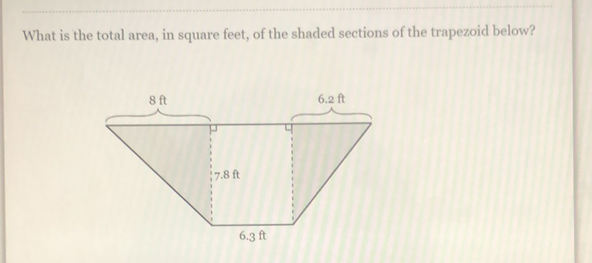 What is the total area, in square feet, of the shaded sections of the trapezoid below?