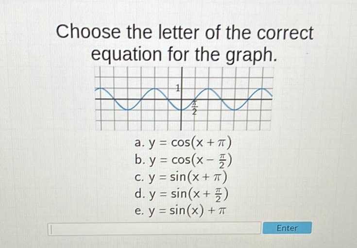 Choose the letter of the correct equation for the graph.
a. \( y=\cos (x+\pi) \)
b. \( y=\cos \left(x-\frac{\pi}{2}\right) \)
c. \( y=\sin (x+\pi) \)
d. \( y=\sin \left(x+\frac{\pi}{2}\right) \)
e. \( y=\sin (x)+\pi \)