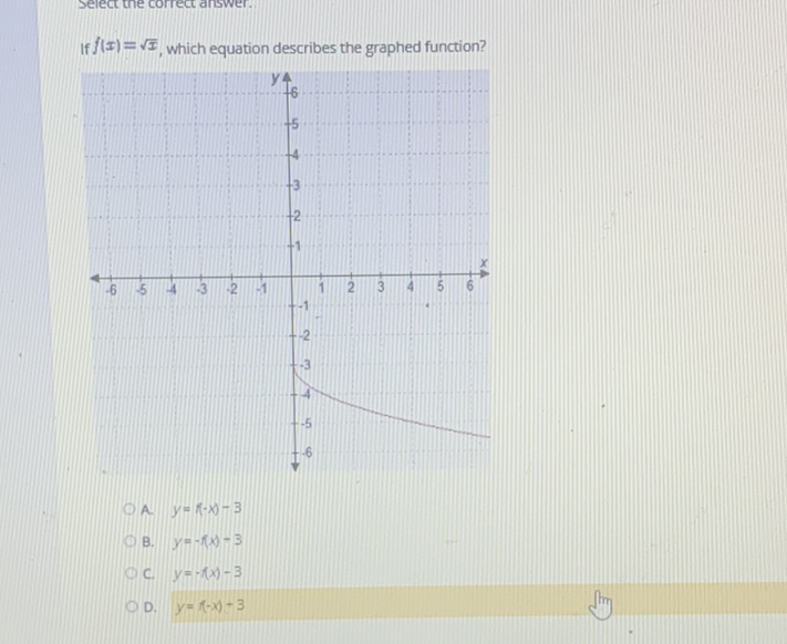 If \( f(x)=\sqrt{x} \), which equation describes the graphed function?
A. \( y=(f-x)-3 \)
B. \( y=-f(x)-3 \)
c. \( y=-f(x)-3 \)
D. \( y=(-x)+3 \)
dht