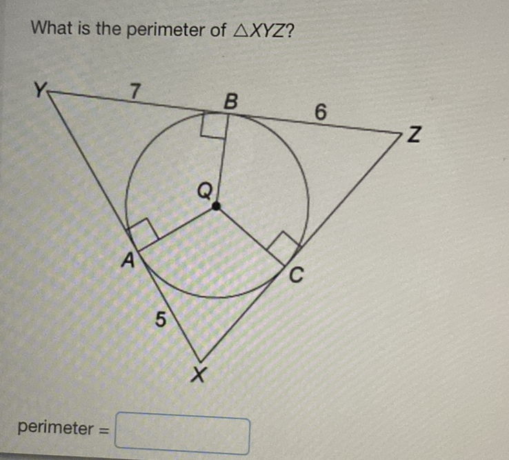 What is the perimeter of \( \triangle X Y Z \) ?
\[
\text { perimeter = }
\]