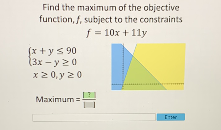 Find the maximum of the objective function, \( f \), subject to the constraints
\[
\begin{array}{l}
f=10 x+11 y \\
\left\{\begin{array}{l}
x+y \leq 90 \\
3 x-y \geq 0 \\
x \geq 0, y \geq 0
\end{array}\right. \\
\text { Maximum }=\frac{[?]}{[]}
\end{array}
\]