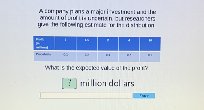A company plans a major investment and the amount of profit is uncertain, but researchers give the following estimate for the distribution.
\begin{tabular}{|l|c|c|c|c|c|}
\hline Profit (in millions) & 1 & \( 1.5 \) & 2 & 4 & 10 \\
\hline Probability & \( 0.1 \) & \( 0.2 \) & \( 0.4 \) & \( 0.2 \) & \( 0.1 \) \\
\hline
\end{tabular}
What is the expected value of the profit?
[?] million dollars
Enter