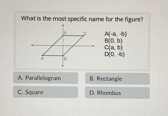 What is the most specific name for the figure?
A. Parallelogram
B. Rectangle
C. Square
D. Rhombus