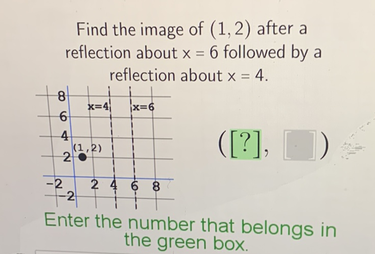Find the image of \( (1,2) \) after a reflection about \( x=6 \) followed by \( a \) reflection about \( x=4 \).

Enter the number that belongs in the green box.