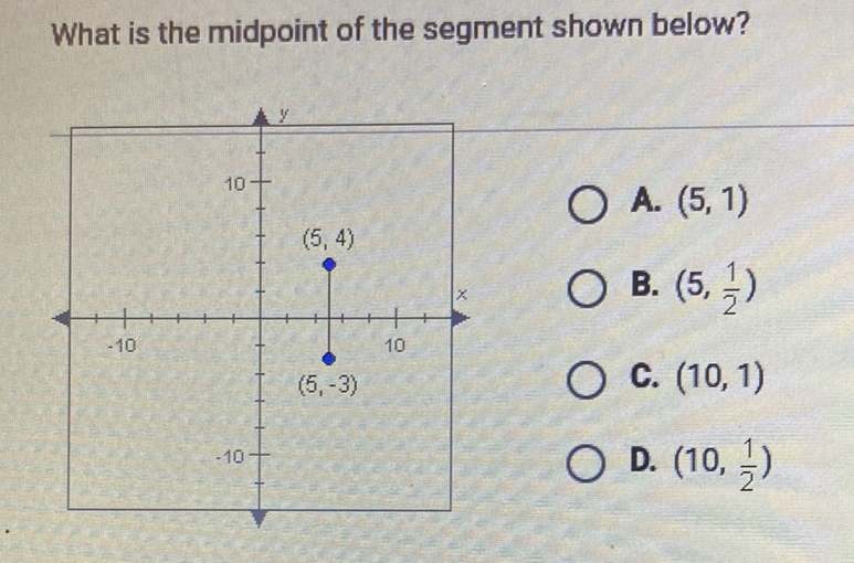 What is the midpoint of the segment shown below?
A. \( (5,1) \)
B. \( \left(5, \frac{1}{2}\right) \)
C. \( (10,1) \)
D. \( \left(10, \frac{1}{2}\right) \)