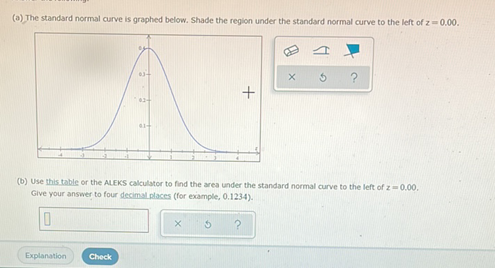 (a) The standard normal curve is graphed below. Shade the region under the standard normal curve to the left of \( z=0.00 \).
(b) Use this table or the ALEKS calculator to find the area under the standard normal curve to the left of \( z=0.00 \). Give your answer to four decimal places (for example, 0.1234).
Explanation
Check