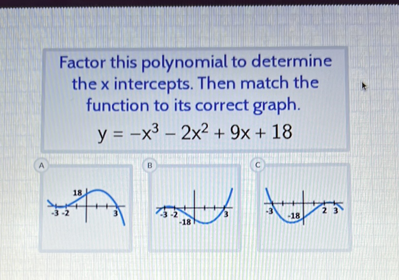 Factor this polynomial to determine the \( \mathrm{x} \) intercepts. Then match the function to its correct graph.
\[
y=-x^{3}-2 x^{2}+9 x+18
\]
