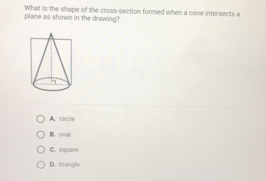 What is the shape of the cross-section formed when a cone intersects a plane as shown in the drawing?
A. circle
B. oval
C. square
D. triangle