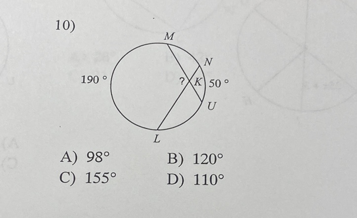 10)
A) \( 98^{\circ} \)
B) \( 120^{\circ} \)
C) \( 155^{\circ} \)
D) \( 110^{\circ} \)