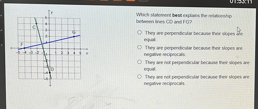 Which statement best explains the relationship between lines CD and FG?
They are perpendicular because their slopes are equal.

They are perpendicular because their slopes are negative reciprocals.
They are not perpendicular because their slopes are equal.

They are not perpendicular because their slopes are negative reciprocals.