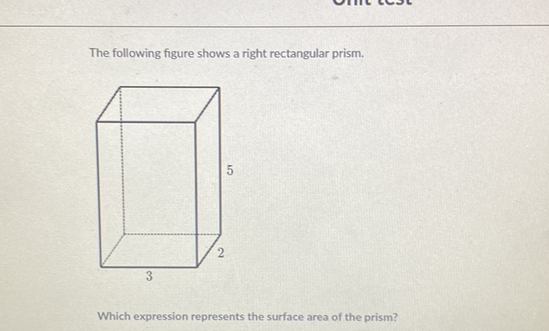 The following figure shows a right rectangular prism.
Which expression represents the surface area of the prism?