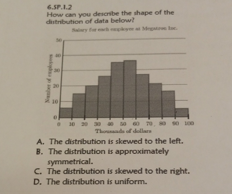 6.SP.1.2
How can you describe the shape of the distribution of data below?

Salary for each employee at Mesatron Ine.
A. The distribution is skewed to the left.
B. The distribution is approximately symmetrical.
C. The distribution is skewed to the right.
D. The distribution is uniform.