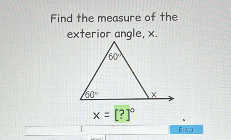 Find the measure of the exterior angle, \( x \).