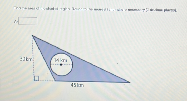 Find the area of the shaded region. Round to the nearest tenth where necessary (1 decimal places).
\[
A=
\]