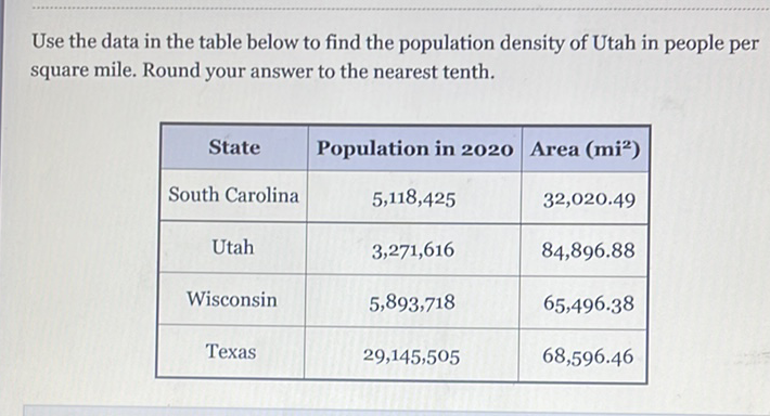 Use the data in the table below to find the population density of Utah in people per square mile. Round your answer to the nearest tenth.
\begin{tabular}{|c|c|c|}
\hline State & Population in 2020 & Area (mi) \\
\hline South Carolina & \( 5,118,425 \) & \( 32,020.49 \) \\
\hline Utah & \( 3,271,616 \) & \( 84,896.88 \) \\
\hline Wisconsin & \( 5,893,718 \) & \( 65,496.38 \) \\
\hline Texas & \( 29,145,505 \) & \( 68,596.46 \) \\
\hline
\end{tabular}