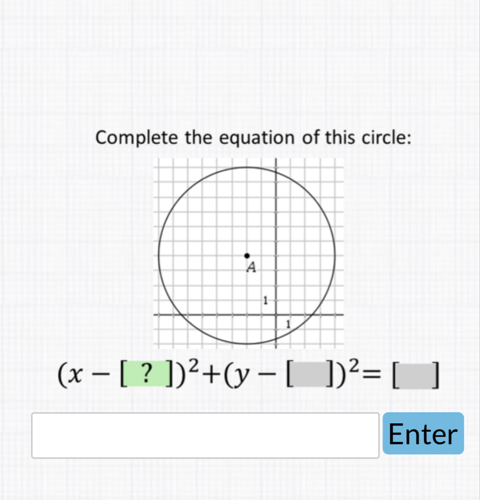 Complete the equation of this circle:
\[
(x-[?])^{2}+(y-[])^{2}=[]
\]
Enter