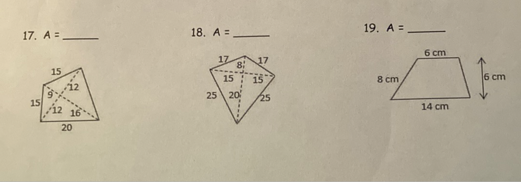 17. \( A= \)
18. \( A= \)
19. \( A= \)