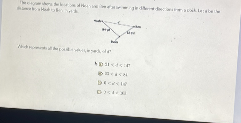 The diagram shows the locations of Noah and Ben after swimming in different directions from a dock. Let \( d \) be the distance from Noah to Ben, in yards.
Which represents all the possible values, in yards, of d?
(B) \( 21<d<147 \)
(ii) \( 68<d<84 \)
(ii) \( 0<d<147 \)
(D) \( 0<d<105 \)