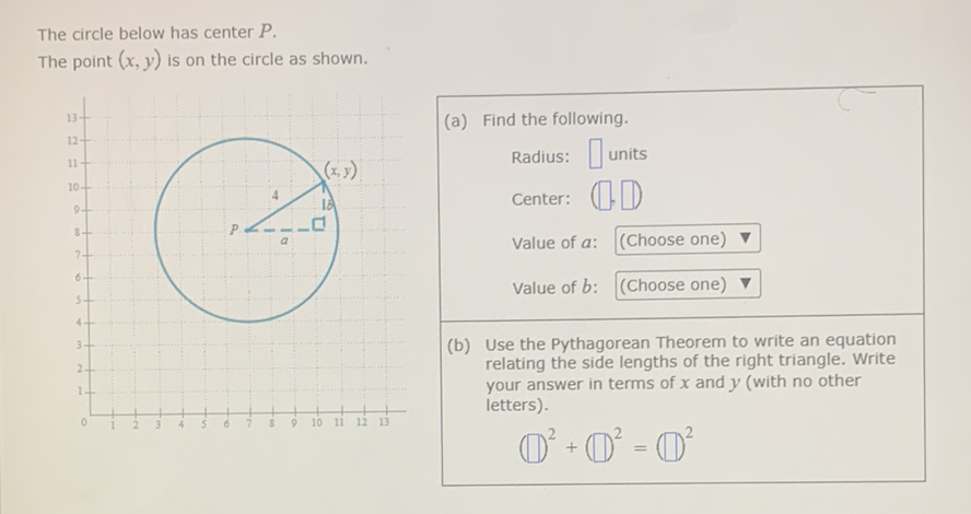 The circle below has center \( P \).
The point \( (x, y) \) is on the circle as shown.