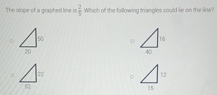 The slope of a graphed line is \( \frac{2}{5} \). Which of the following triangles could lie on the line?