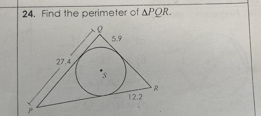 24. Find the perimeter of \( \triangle P Q R \).