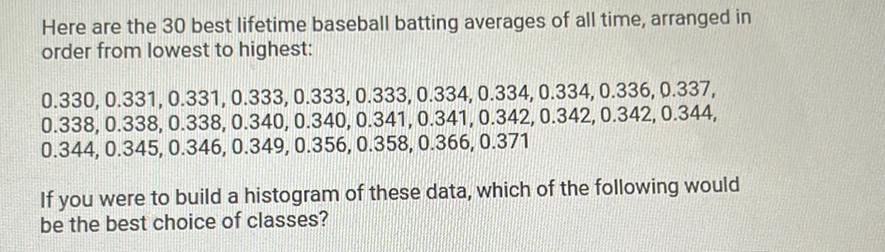 Here are the 30 best lifetime baseball batting averages of all time, arranged in order from lowest to highest:
\[
\begin{array}{l}
0.330,0.331,0.331,0.333,0.333,0.333,0.334,0.334,0.334,0.336,0.337 \text {, } \\
0.338,0.338,0.338,0.340,0.340,0.341,0.341,0.342,0.342,0.342,0.344 \text {, } \\
0.344,0.345,0.346,0.349,0.356,0.358,0.366,0.371
\end{array}
\]
If you were to build a histogram of these data, which of the following would be the best choice of classes?